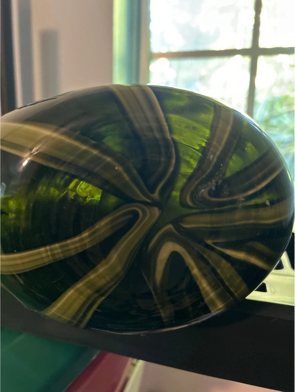 Vintage Green Glass Vase with Cream Striped Design
